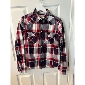 Thread & Supply Red & Black Plaid Flannel Pearl Snap Button Down Shirt sz S EUC